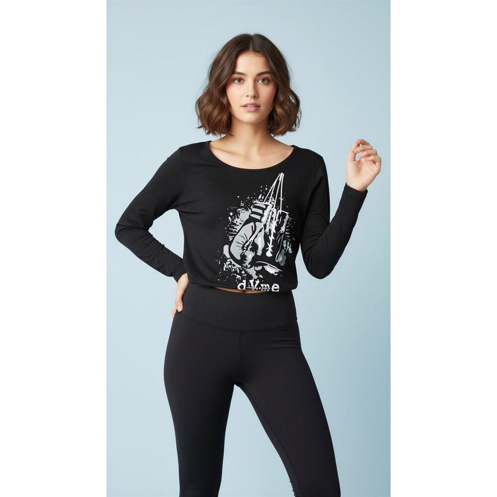 Athleta x DYME Long Sleeve Performance Top Womens Large Black Graphic Boxing